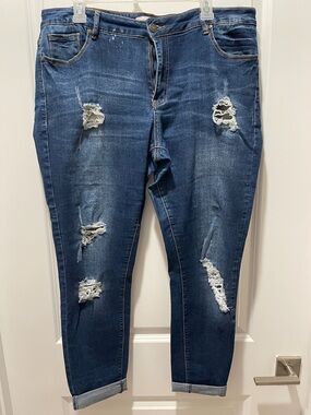 Choc soup Women's Boyfriend Distressed Dark Blue Ripped Jeans
